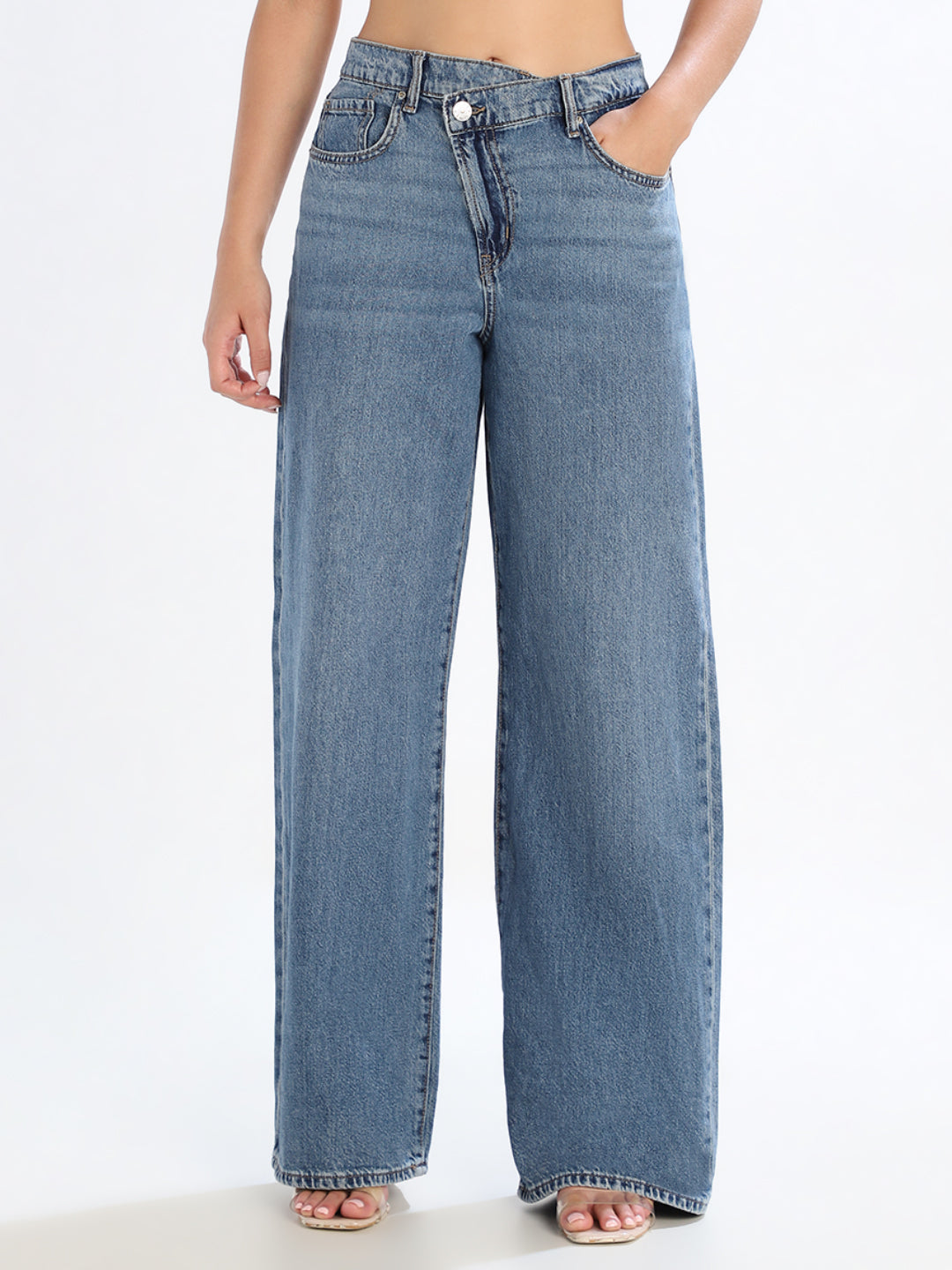 Blue Uneven Closure Wide Leg Jeans