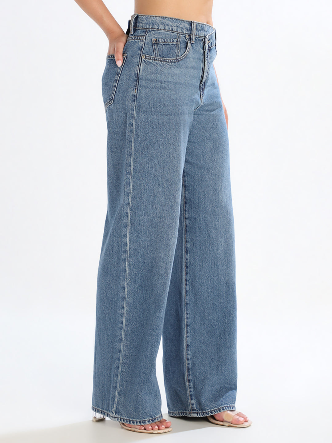 Blue Uneven Closure Wide Leg Jeans