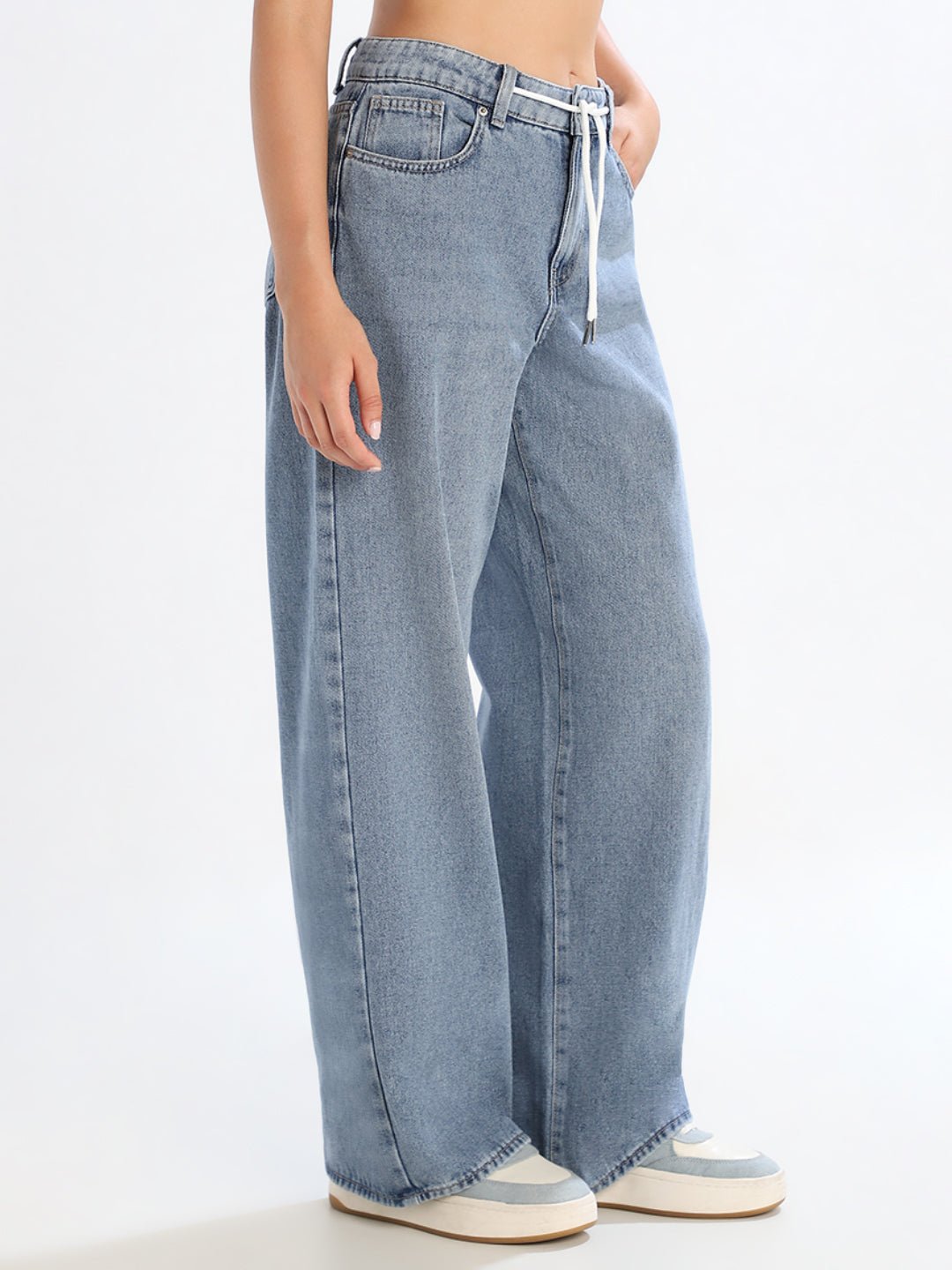 Light Blue Drawstring Wide Leg Jeans