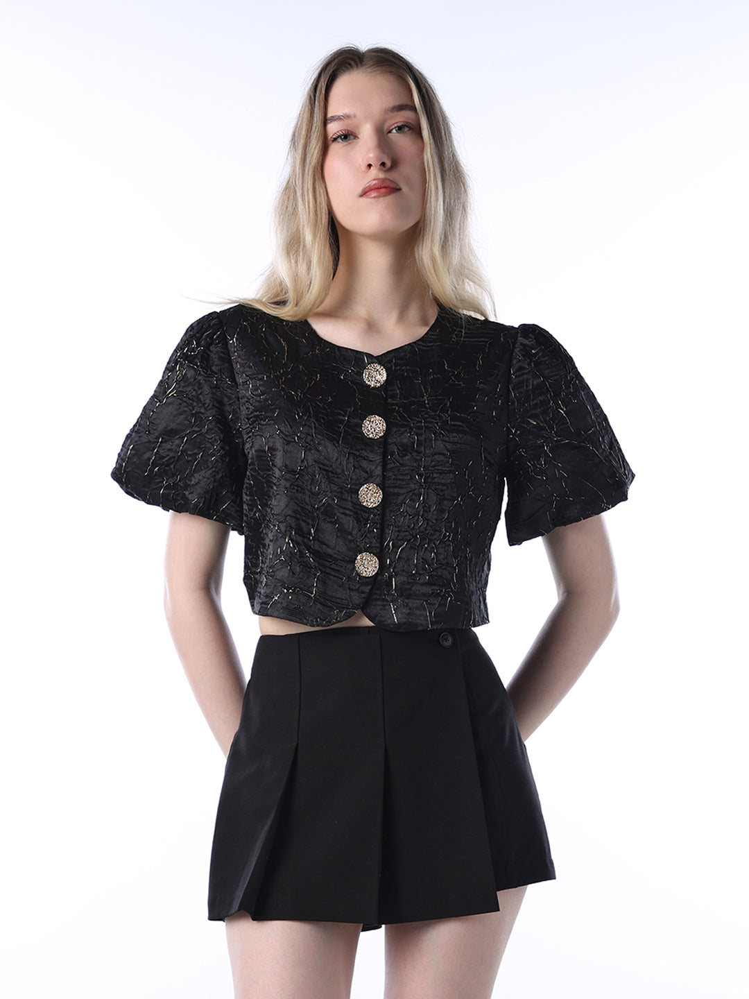 Jacquard Puff Sleeve Top