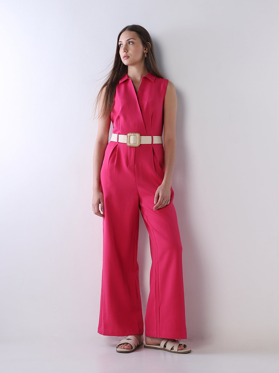 Fuchsia Pink Belted Jumpsuit