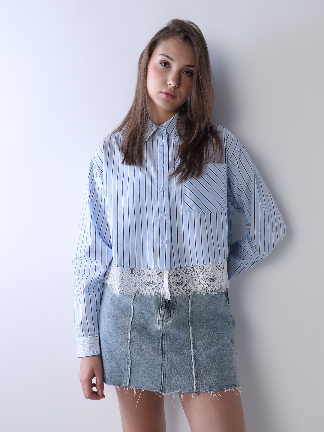 Striped Lace Hem Cropped Shirt