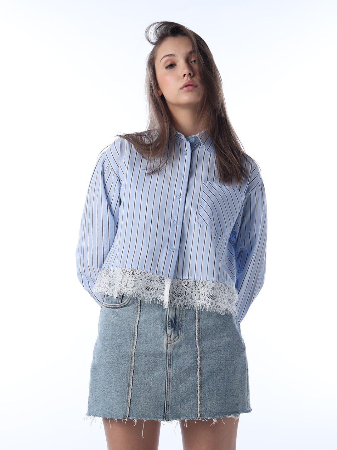 Striped Lace Hem Cropped Shirt