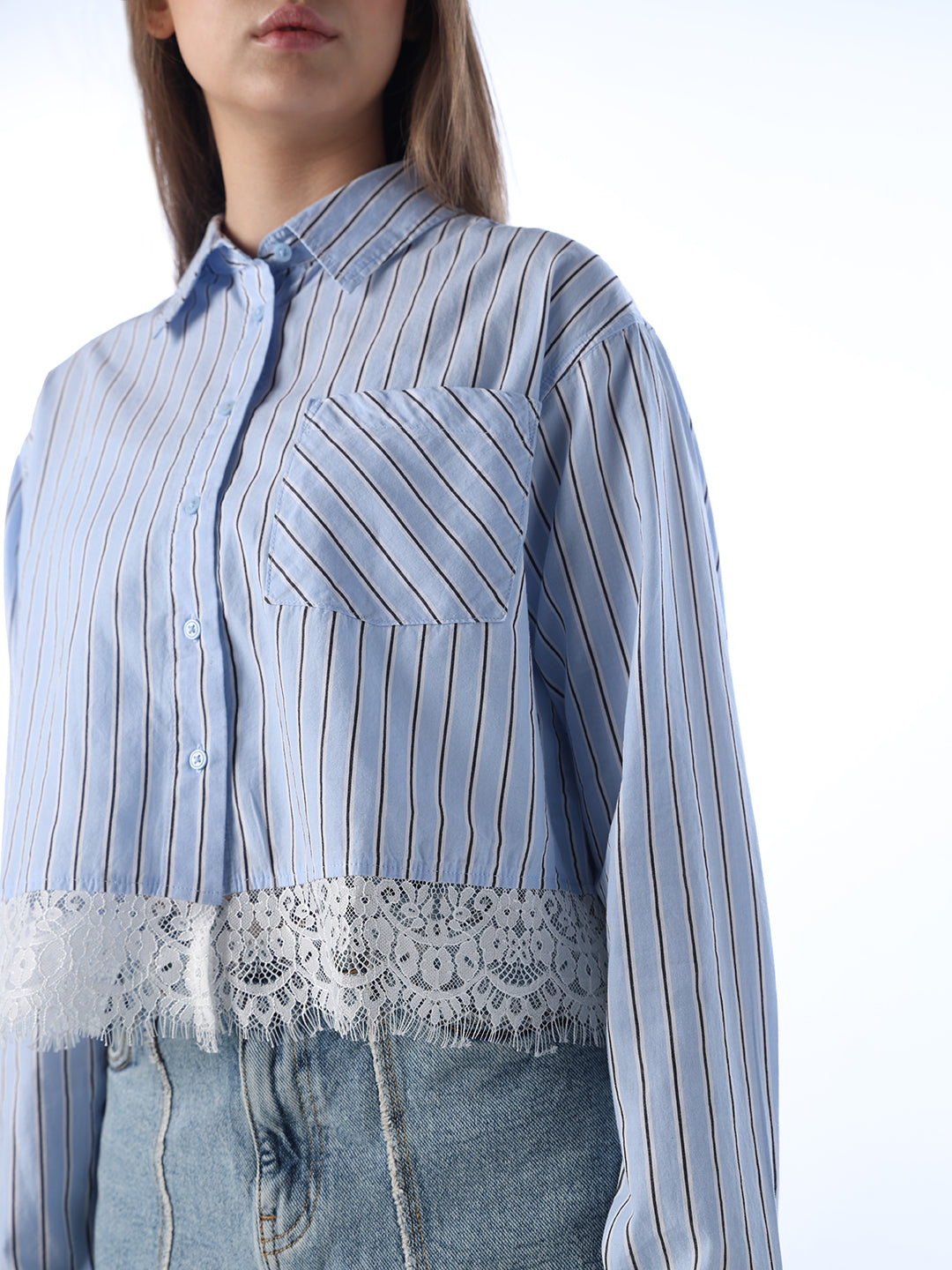 Striped Lace Hem Cropped Shirt