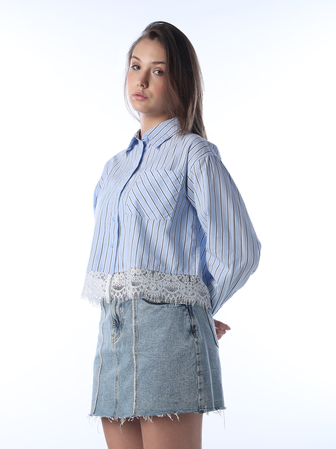 Striped Lace Hem Cropped Shirt