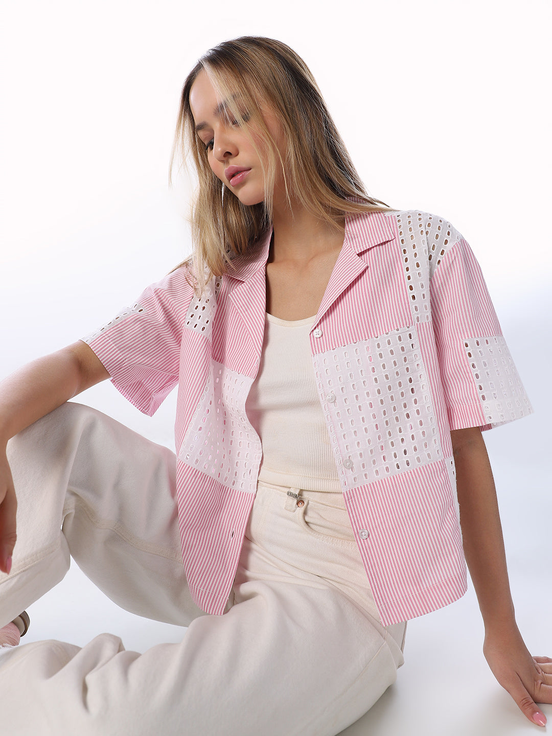 Pink Cut-Work Cotton Shirt