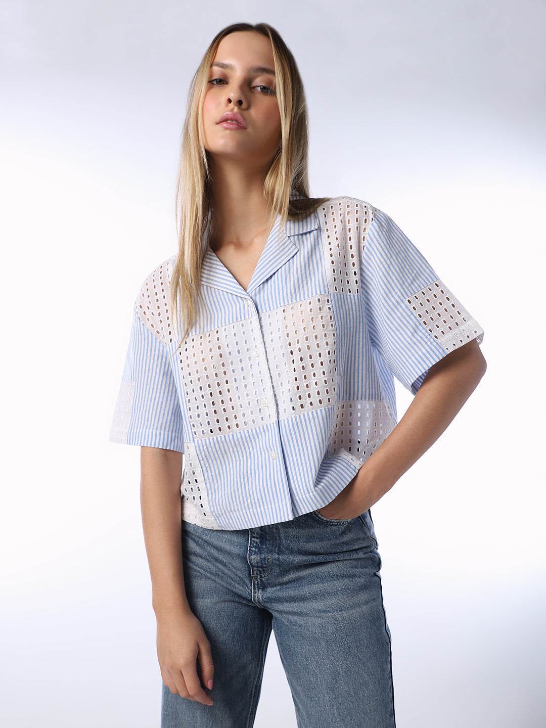Blue Cut-Work Cotton Shirt