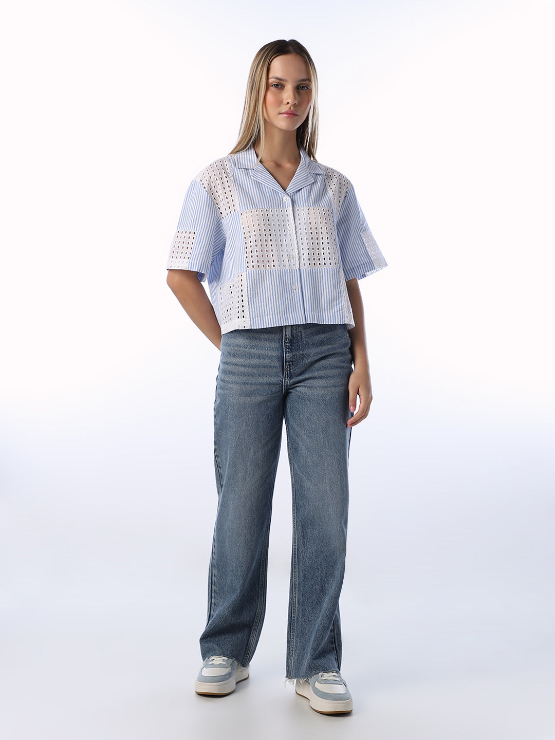 Blue Cut-Work Cotton Shirt