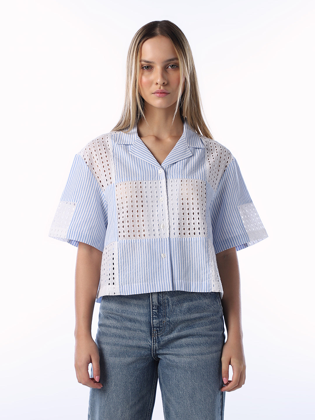 Blue Cut-Work Cotton Shirt