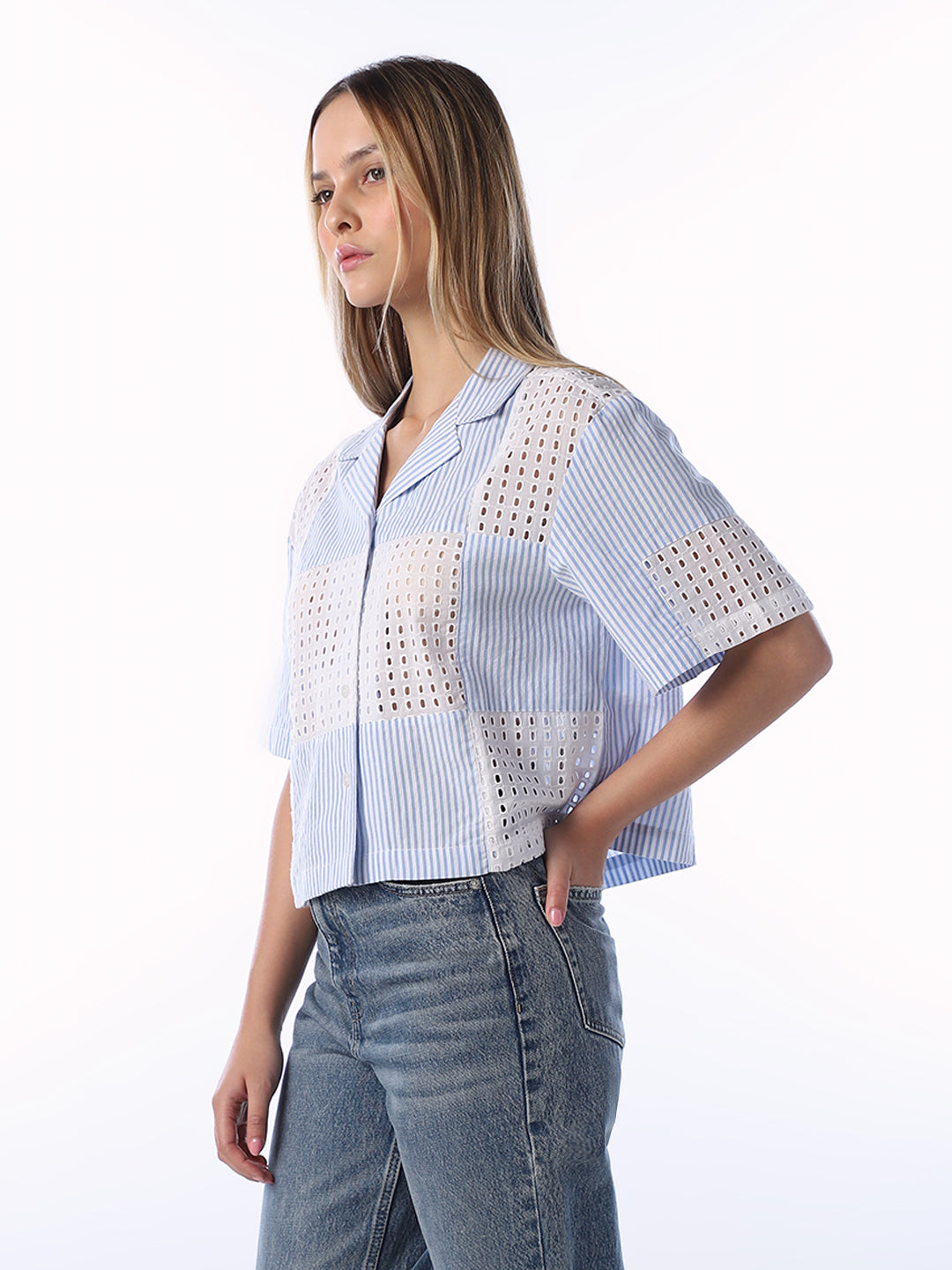 Blue Cut-Work Cotton Shirt