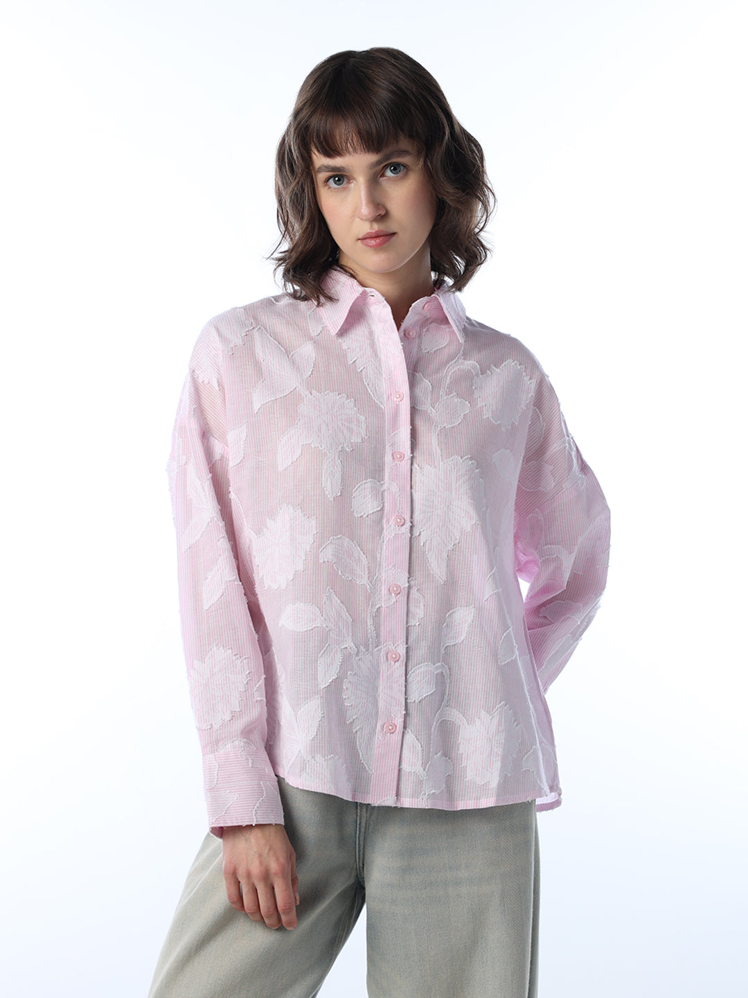 Pink Sheer Textured Floral Shirt