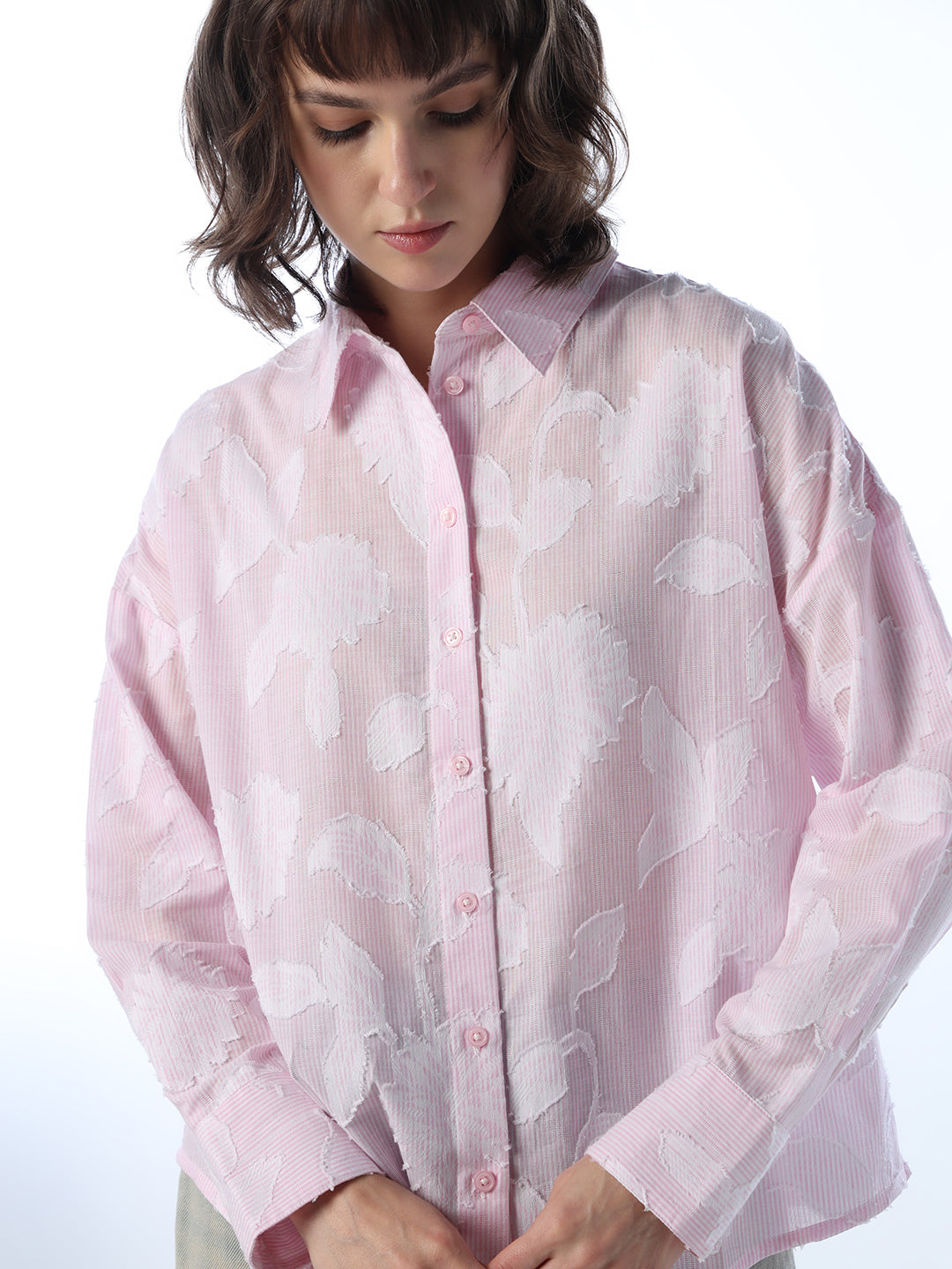 Pink Sheer Textured Floral Shirt