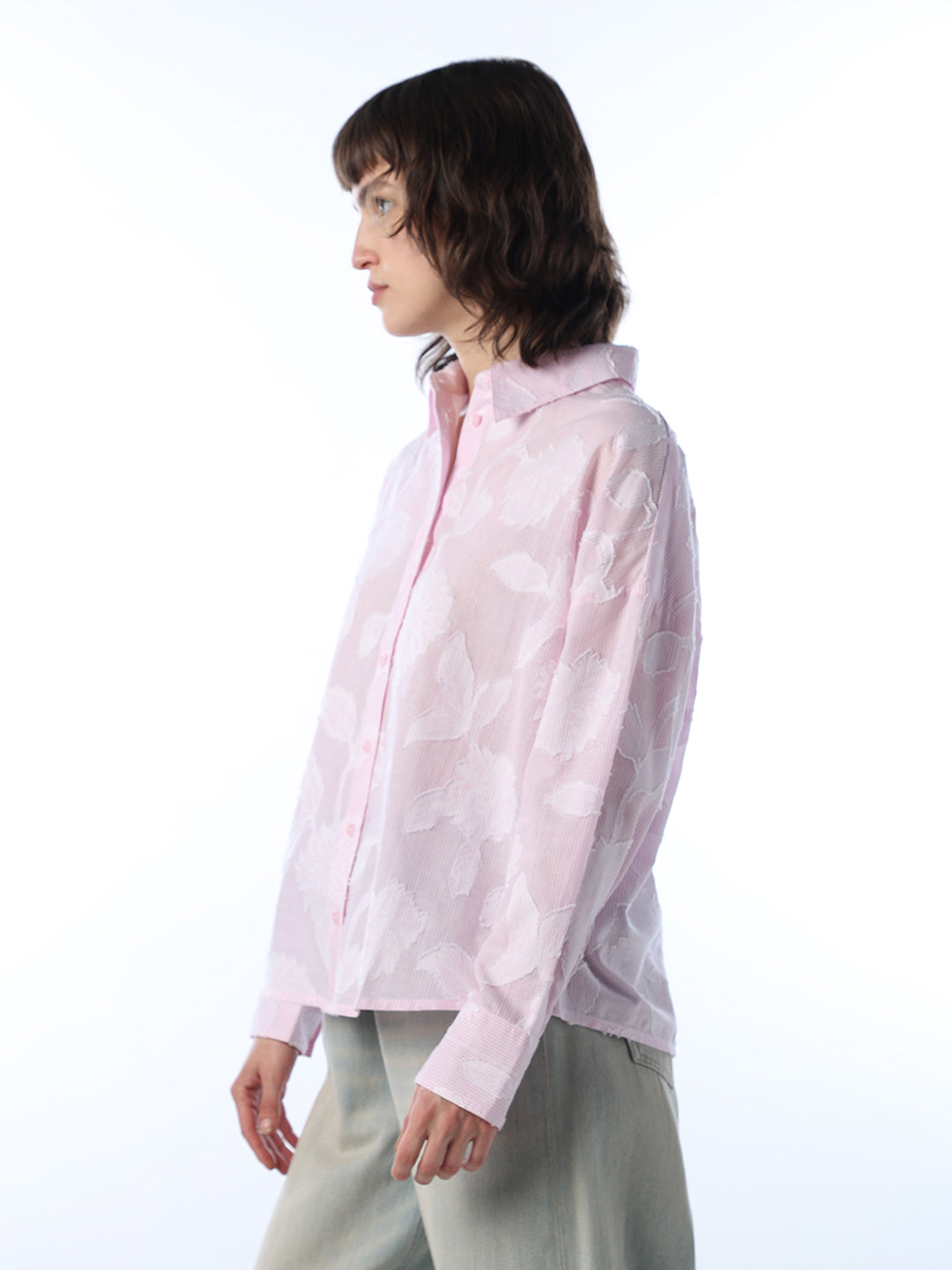 Pink Sheer Textured Floral Shirt