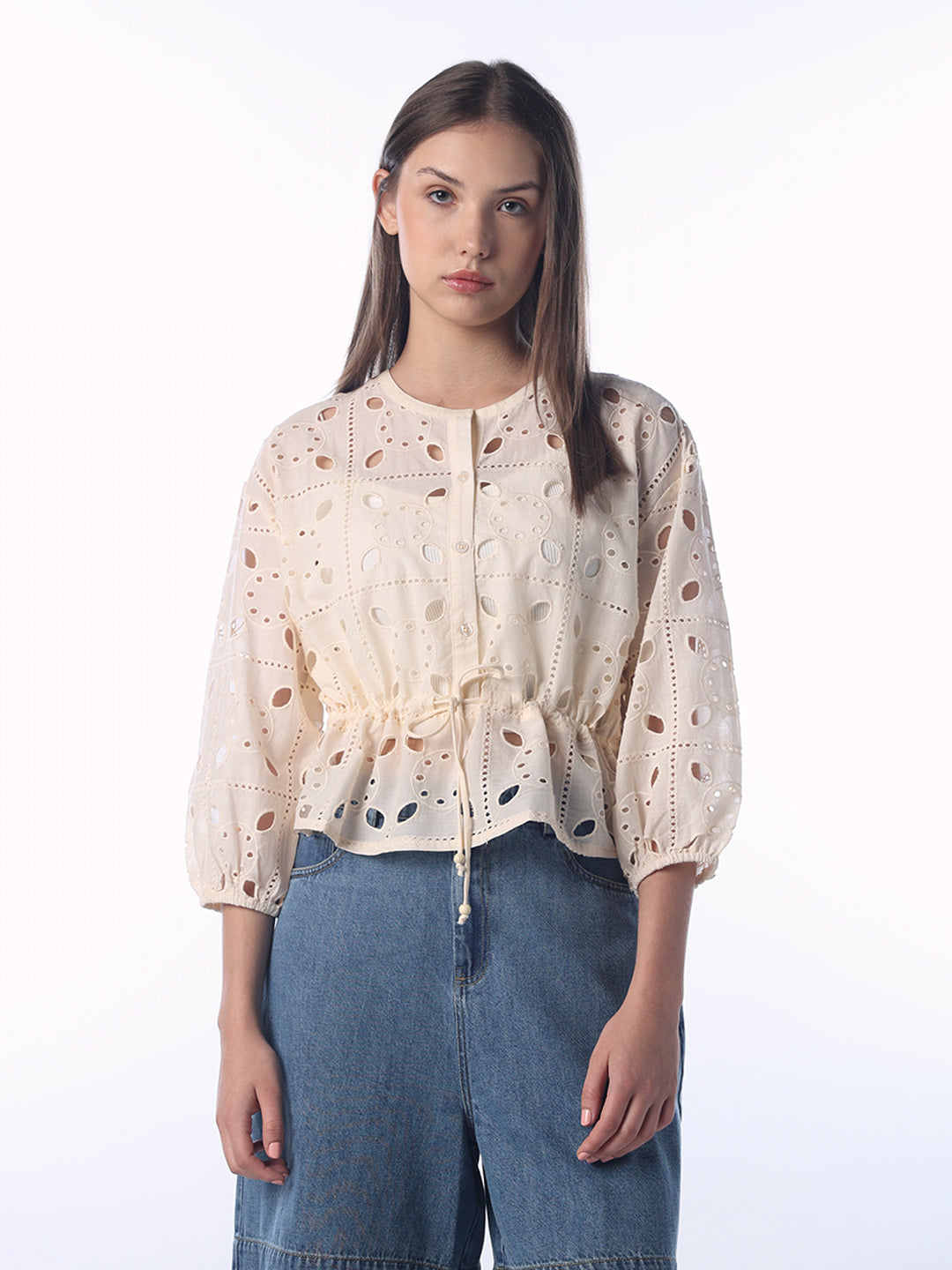 Cut-Work Tie Waist Top