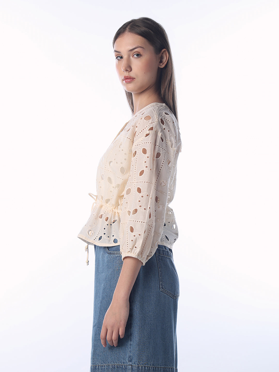 Cut-Work Tie Waist Top