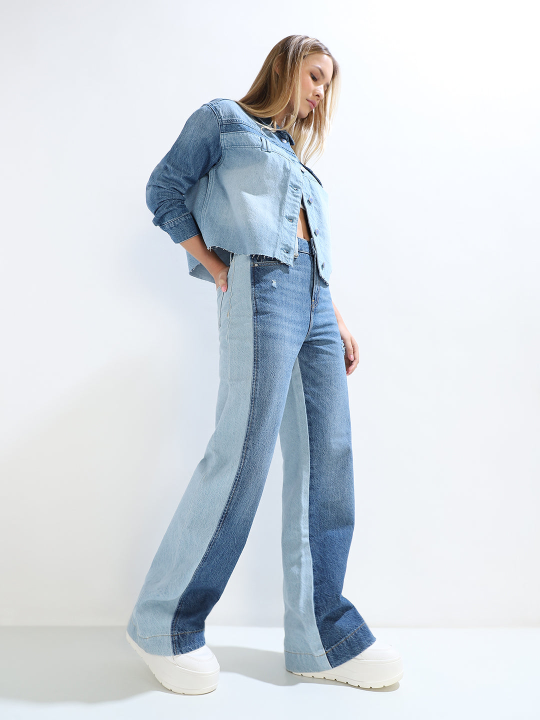 Dual Toned High Rise Wide Leg Jeans