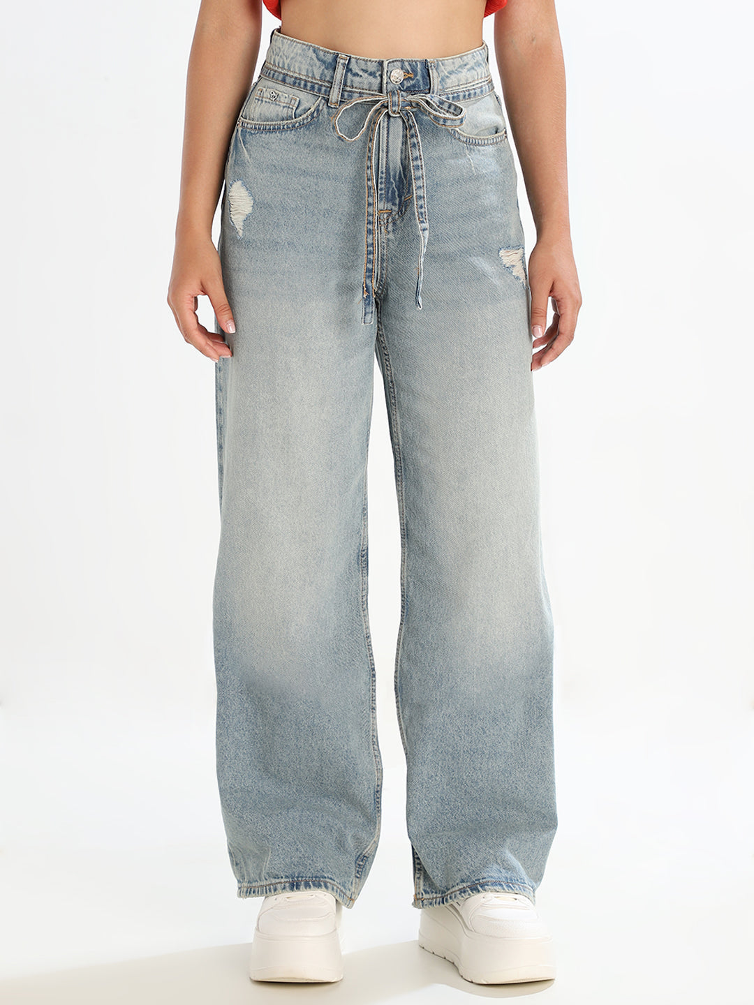 Light Wash Distressed Widel leg Jeans