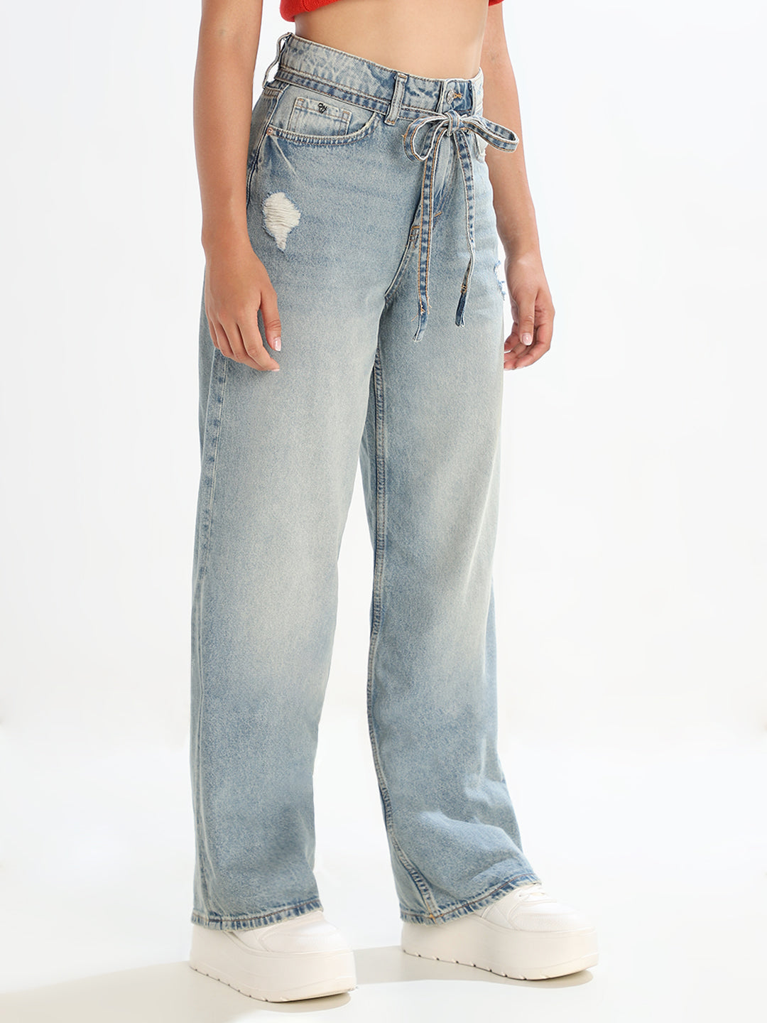 Light Wash Distressed Widel leg Jeans