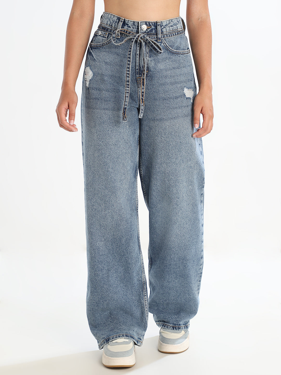 Distressed Drawstring Wide Leg Jeans