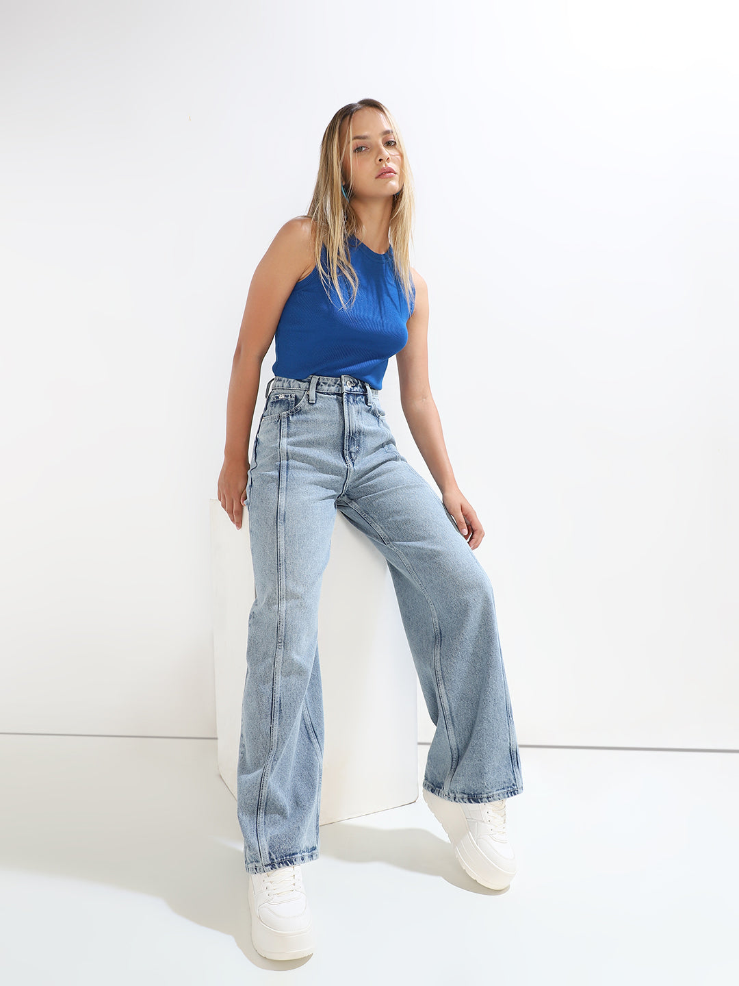 Light Blue Distressed Wide Leg Jeans