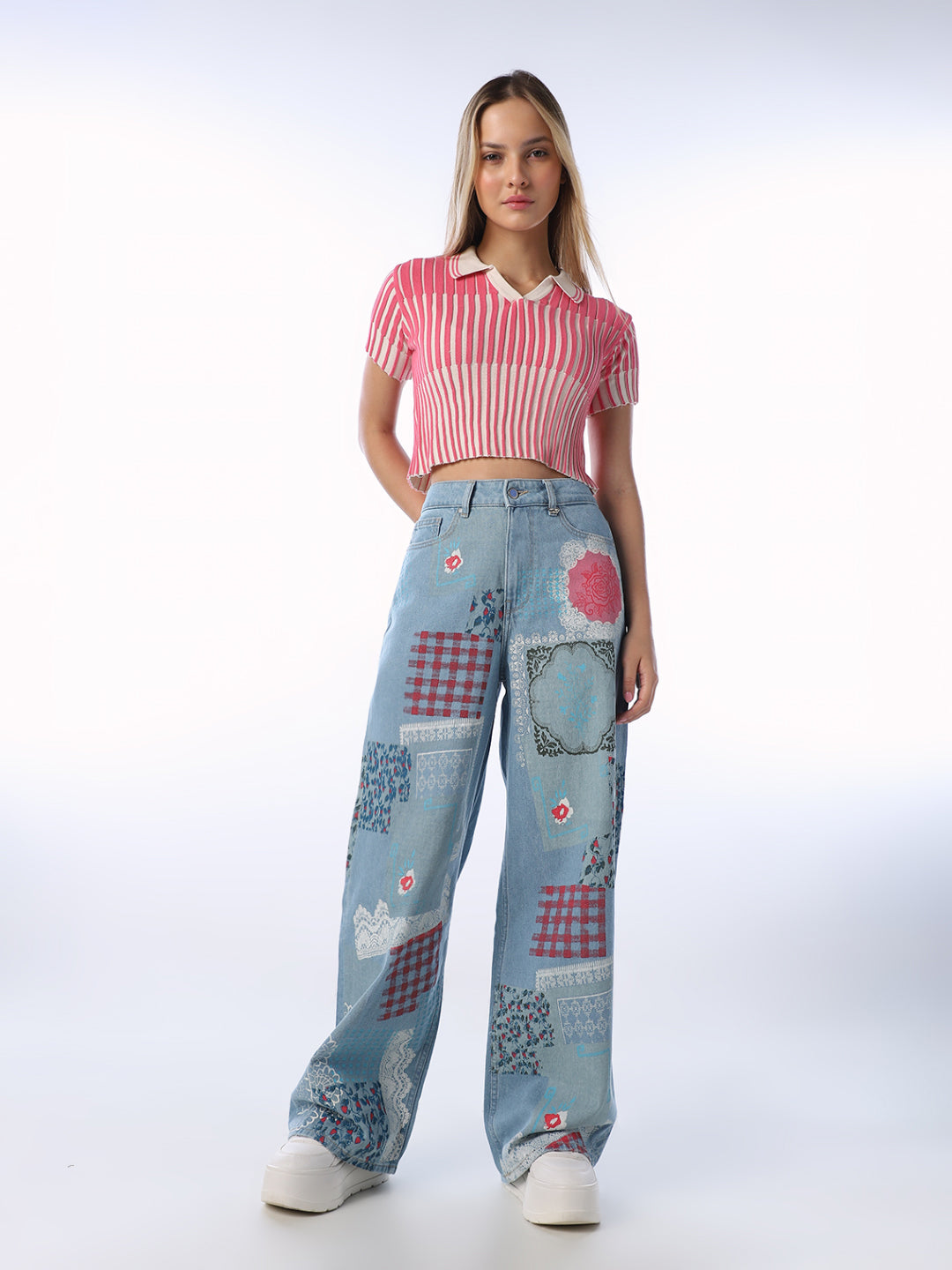 Patchwork Print Wide Leg Jeans