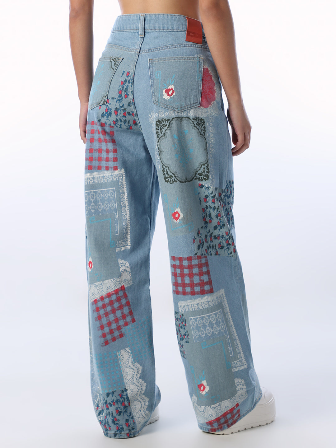 Patchwork Print Wide Leg Jeans