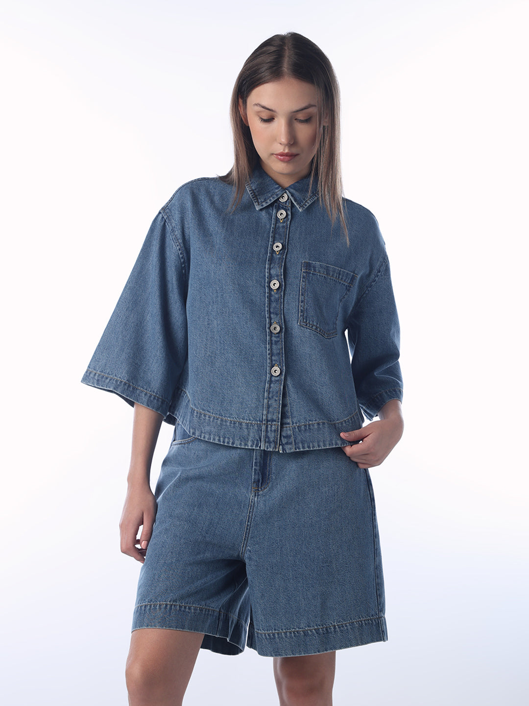 Batwing Sleeve Boxy Fit Denim Shirt