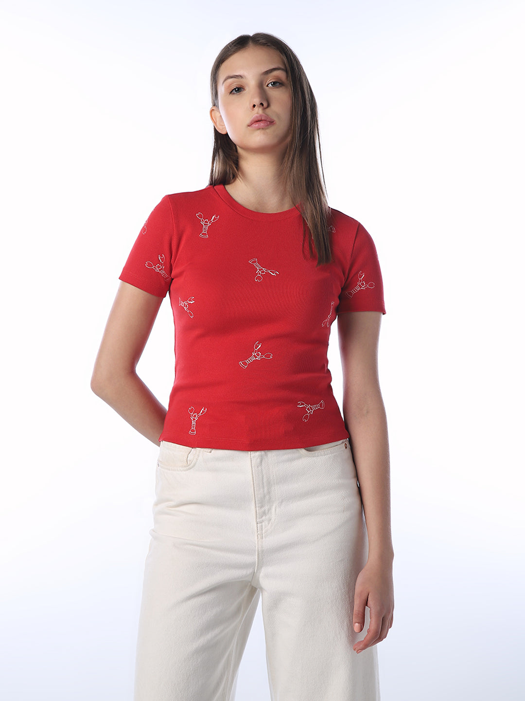 Lobster Print Fitted Ribbed T-Shirt