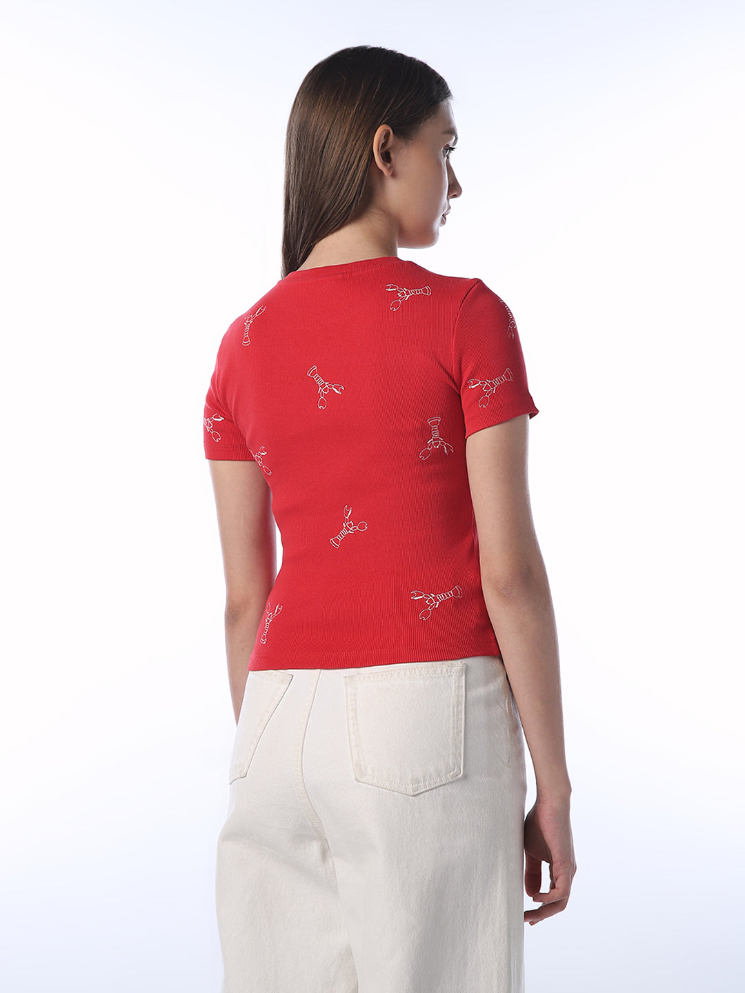 Lobster Print Fitted Ribbed T-Shirt