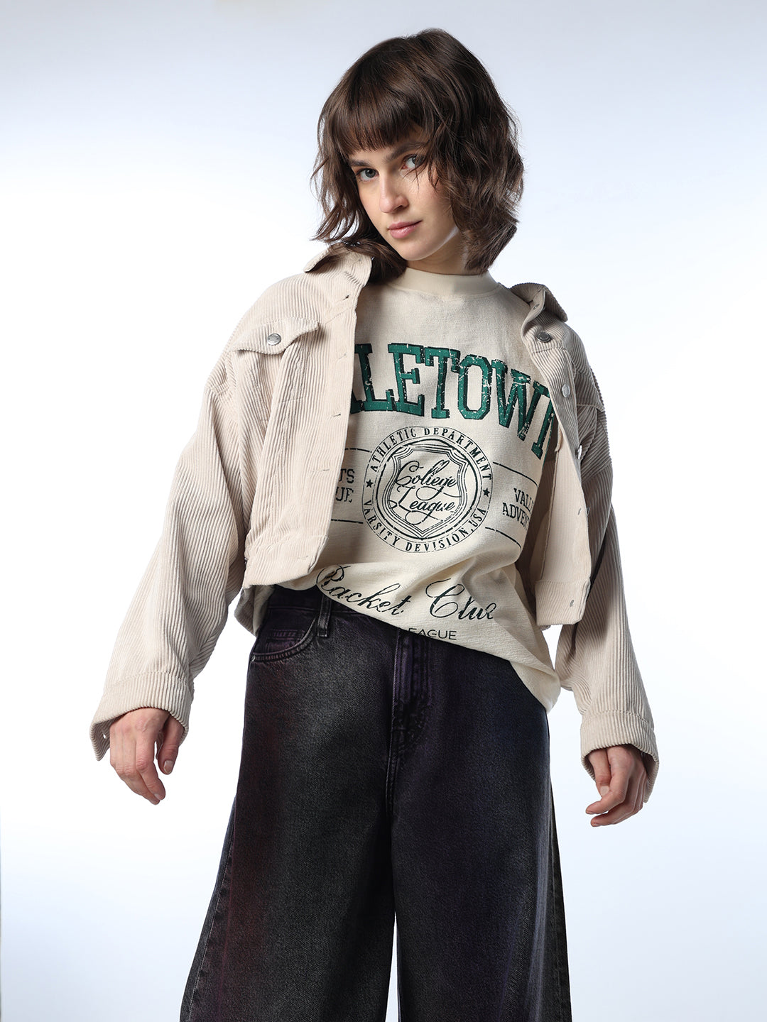 Cream Printed Cotton T-shirt