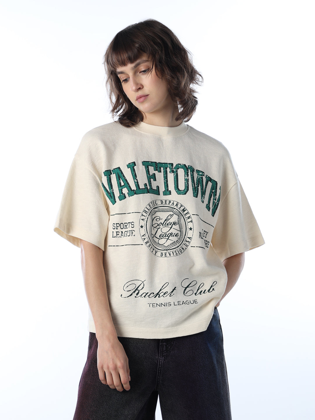 Cream Printed Cotton T-shirt