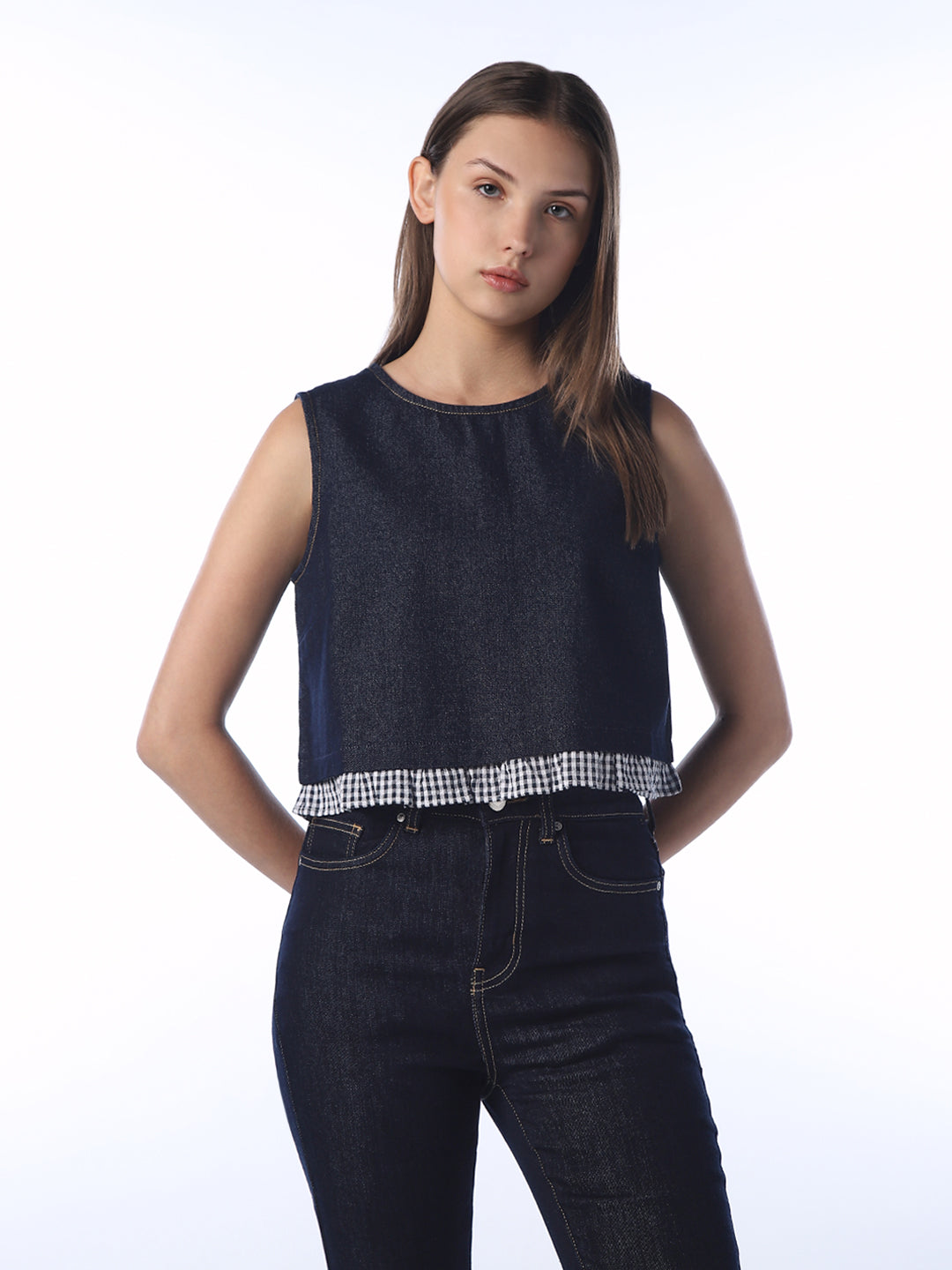 Cropped Gingham Trim Denim Top
