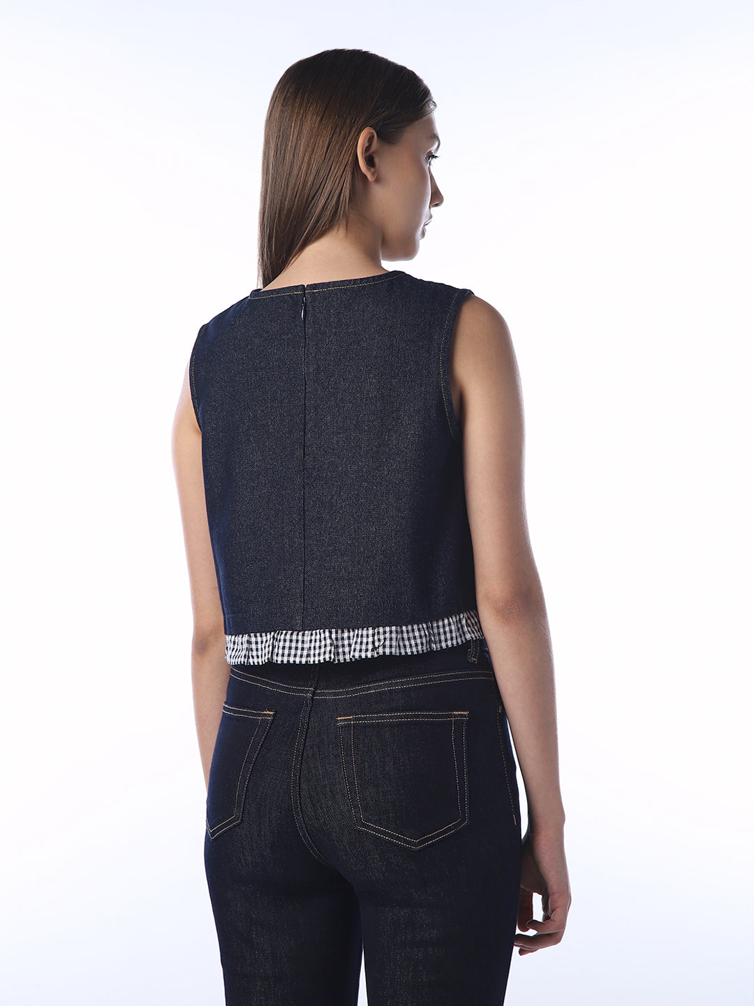 Cropped Gingham Trim Denim Top