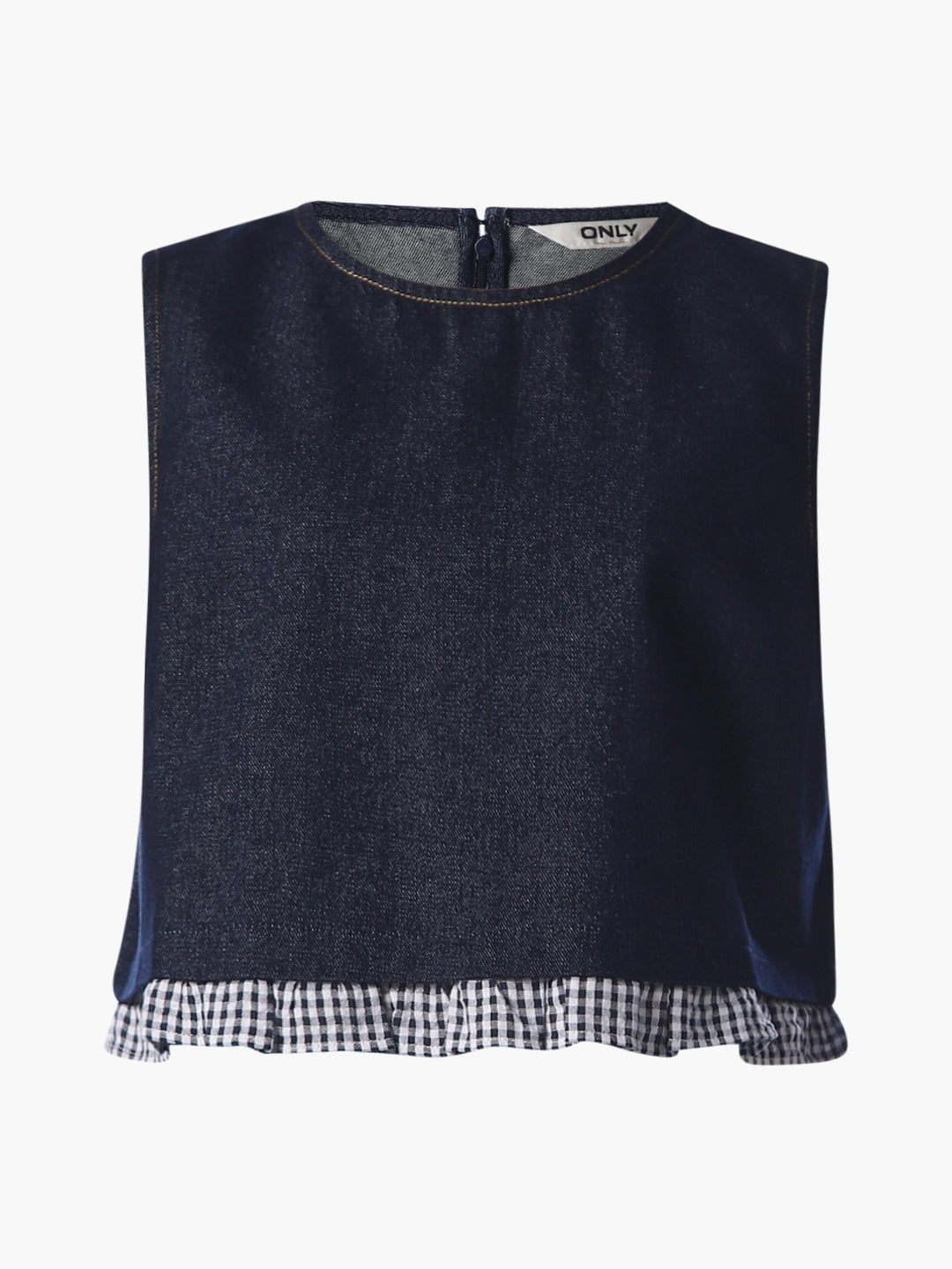 Cropped Gingham Trim Denim Top