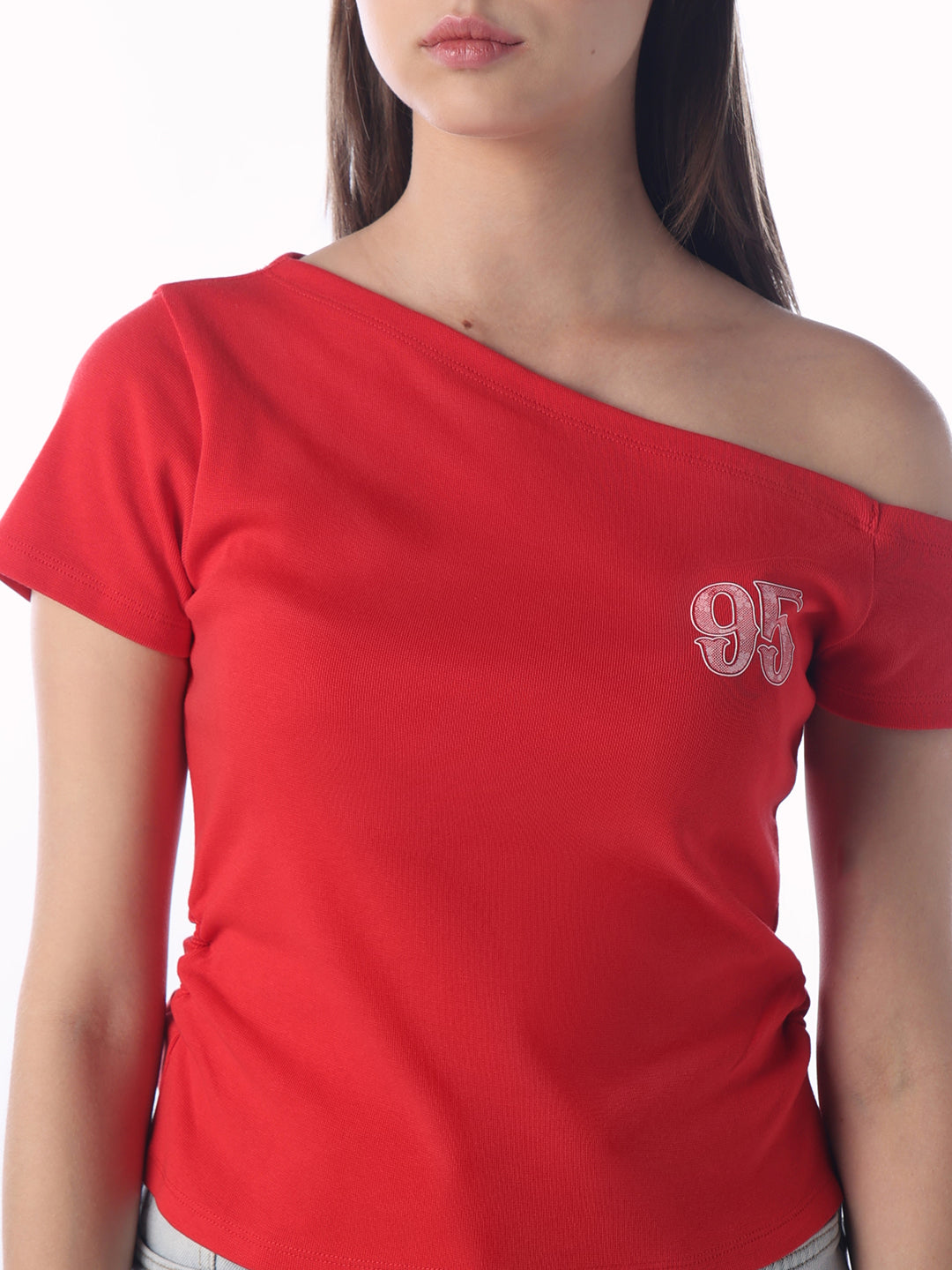 Off-Shoulder Printed T-Shirt - Red