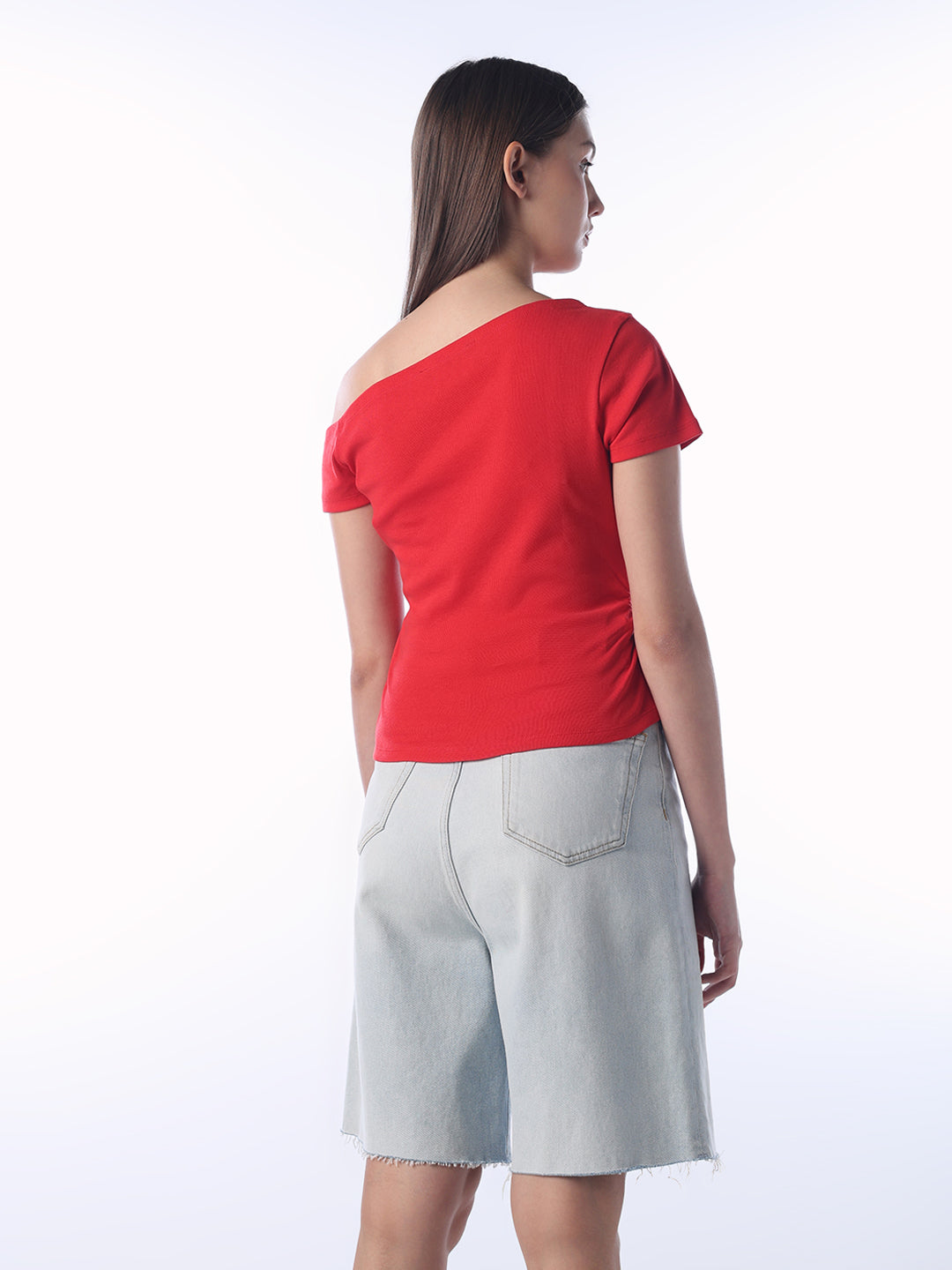 Off-Shoulder Printed T-Shirt - Red