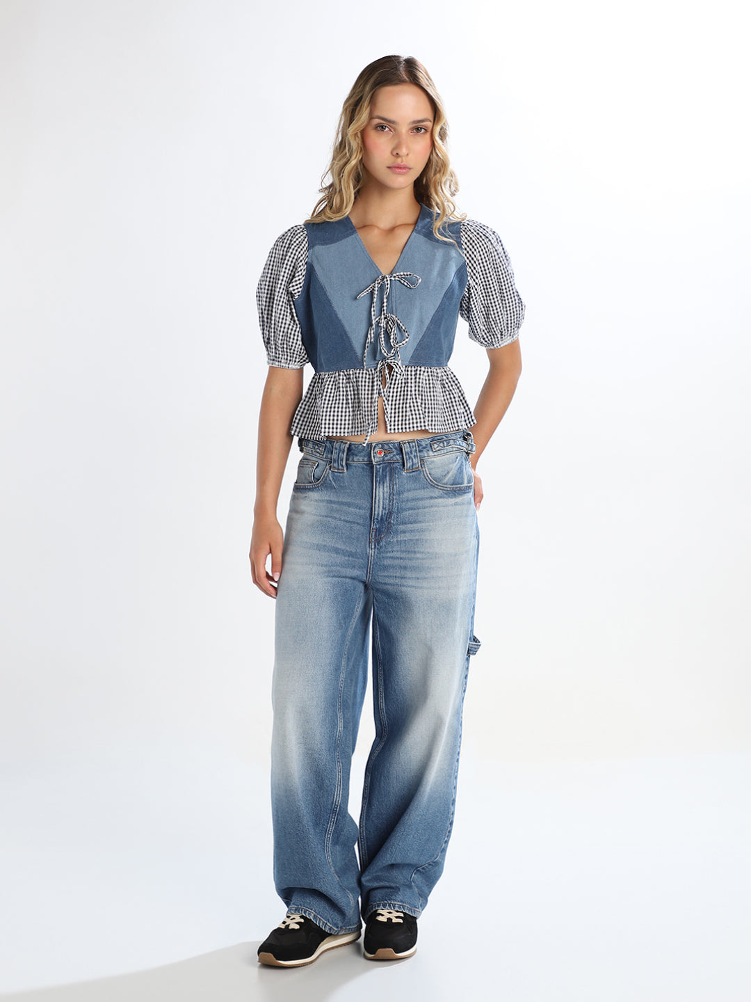 Denim Check Peplum Top