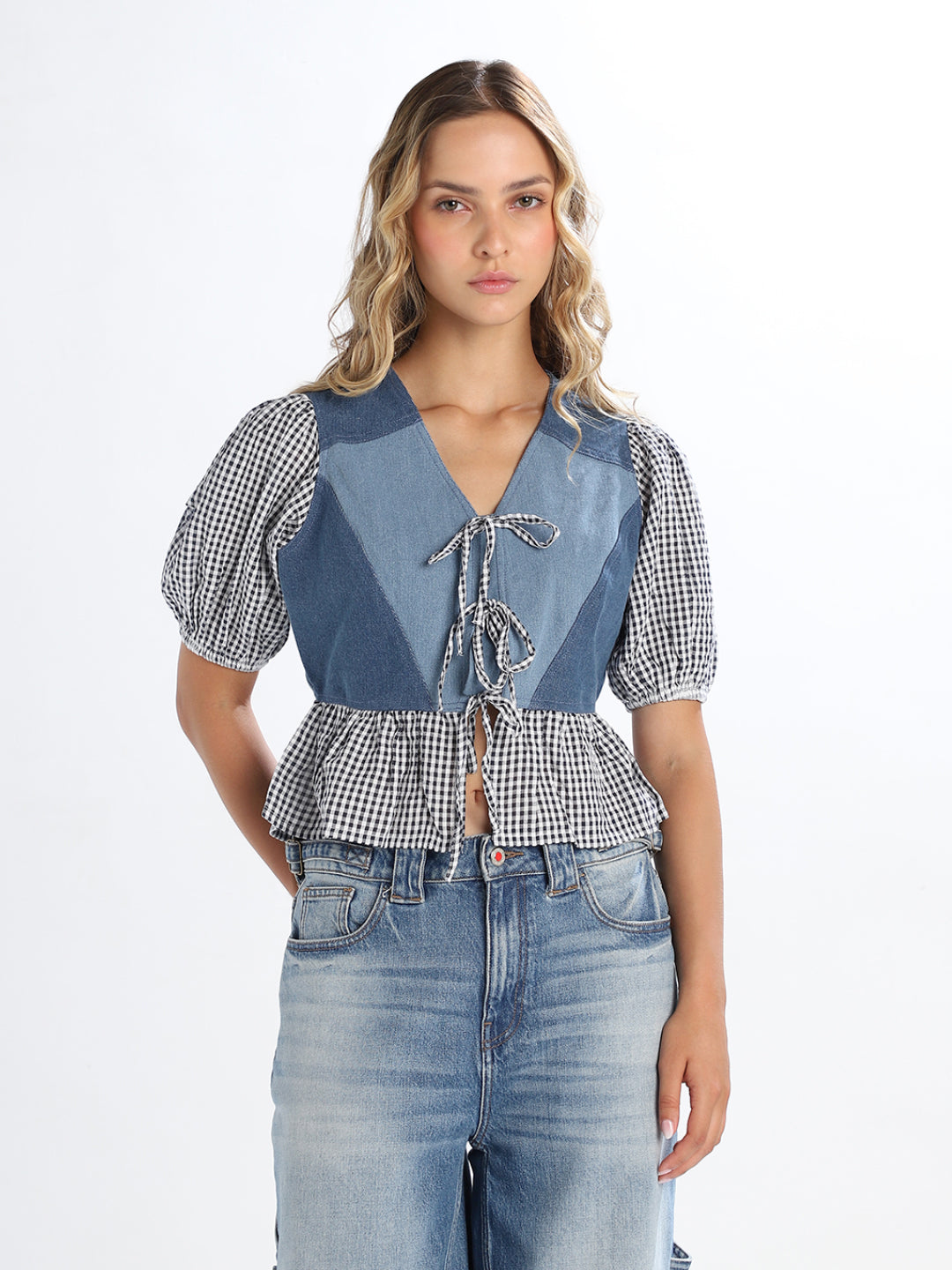 Denim Check Peplum Top