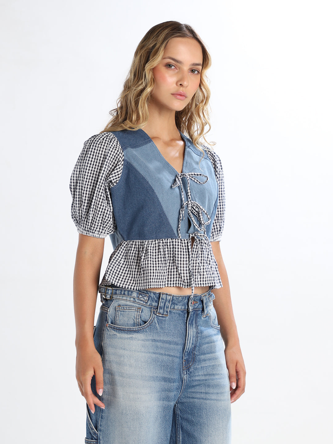 Denim Check Peplum Top