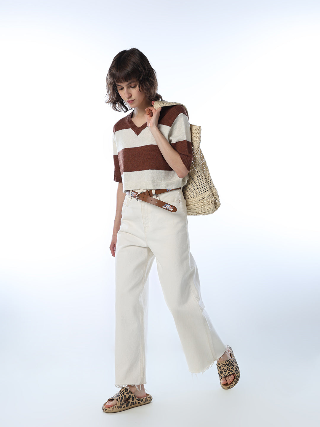 Colourblocked Cropped Knit T-shirt