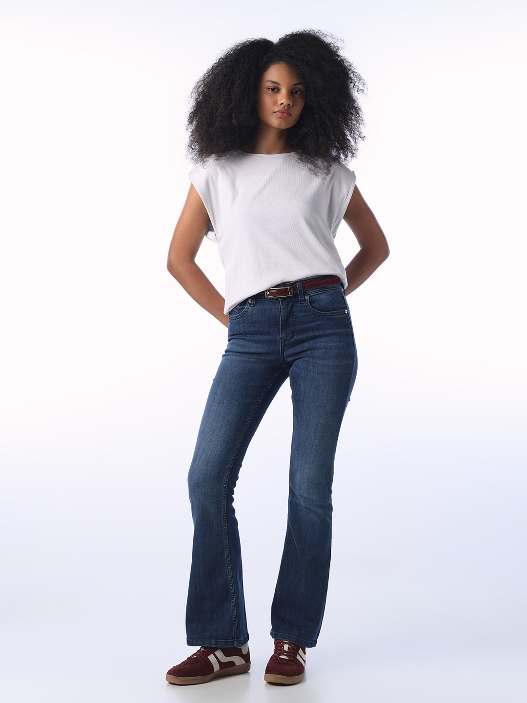 Dark Blue Washed Flared Jeans