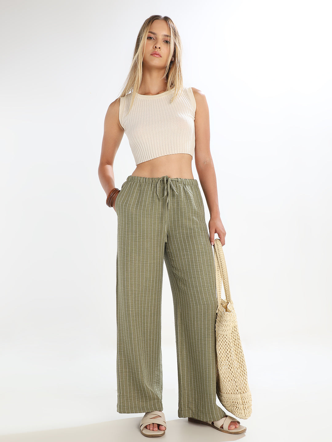 Green Striped Wide Leg Pants