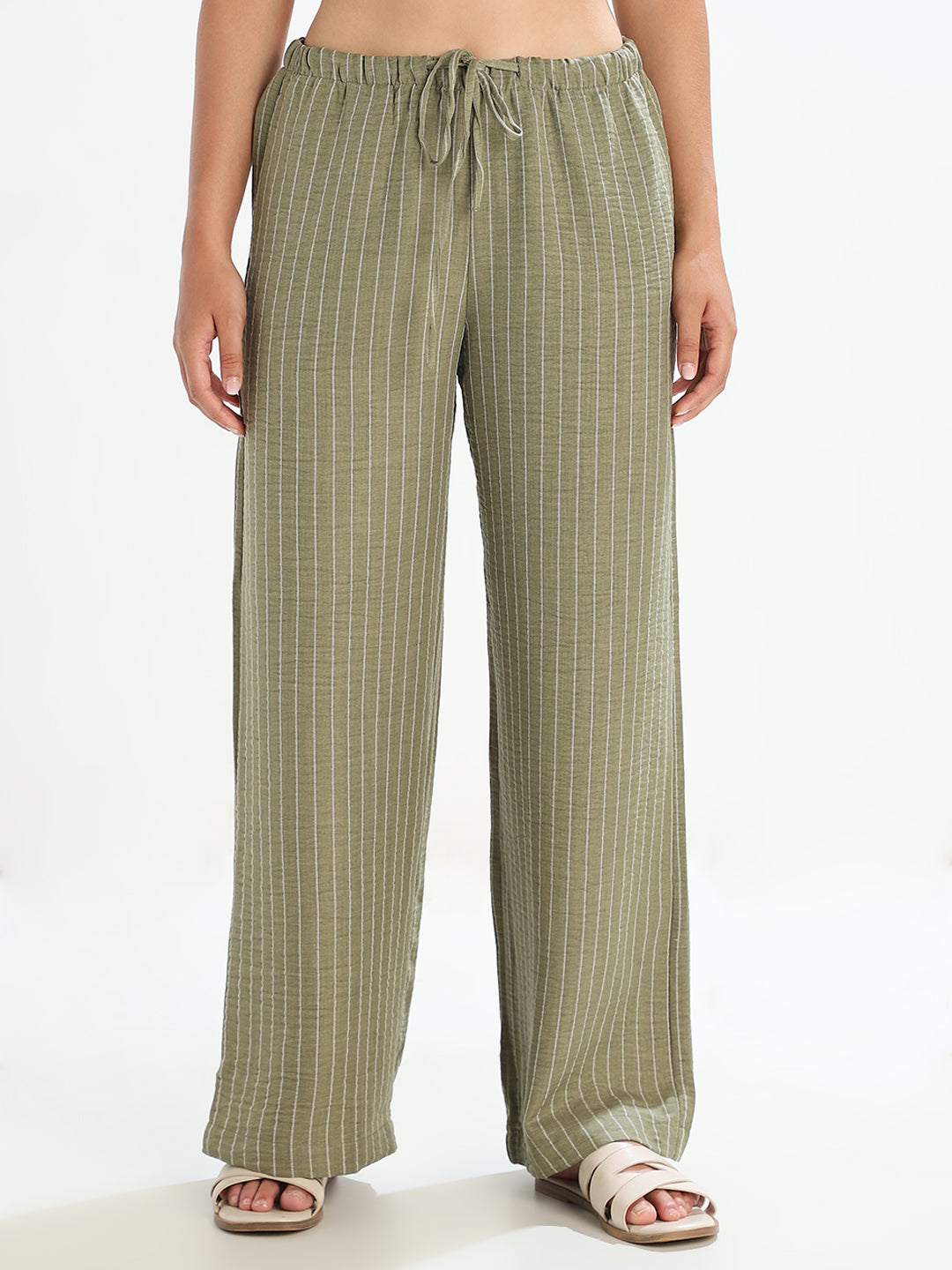 Green Striped Wide Leg Pants