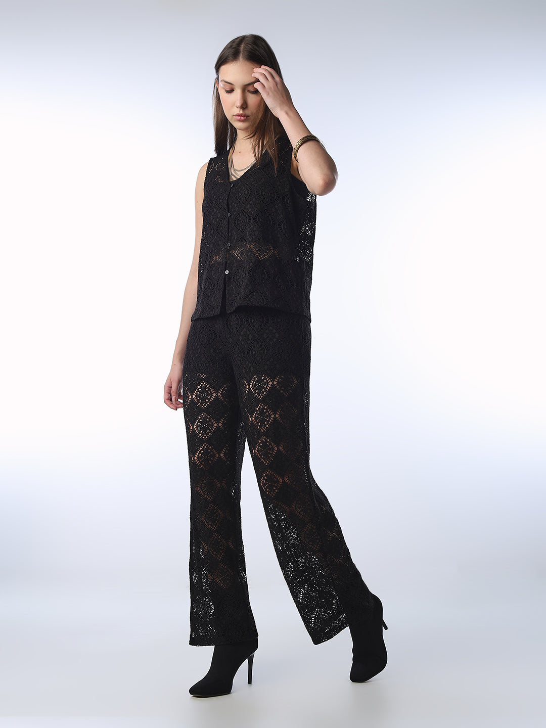 Black Lace Straight Fit Pants