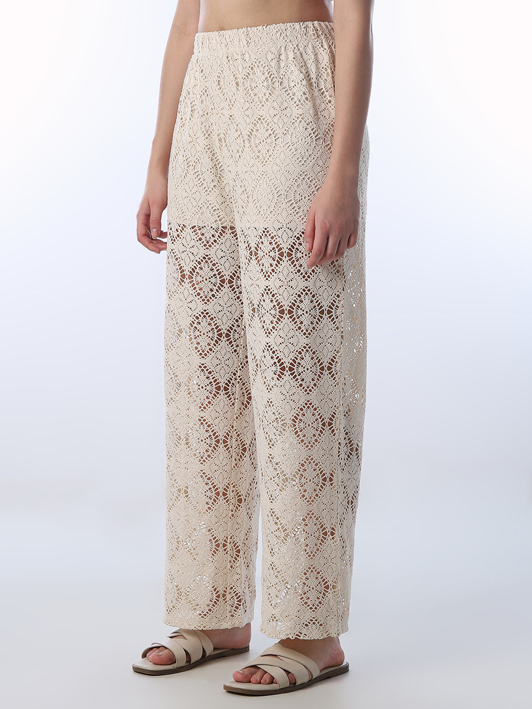 Beige Lace Straight Fit Pants