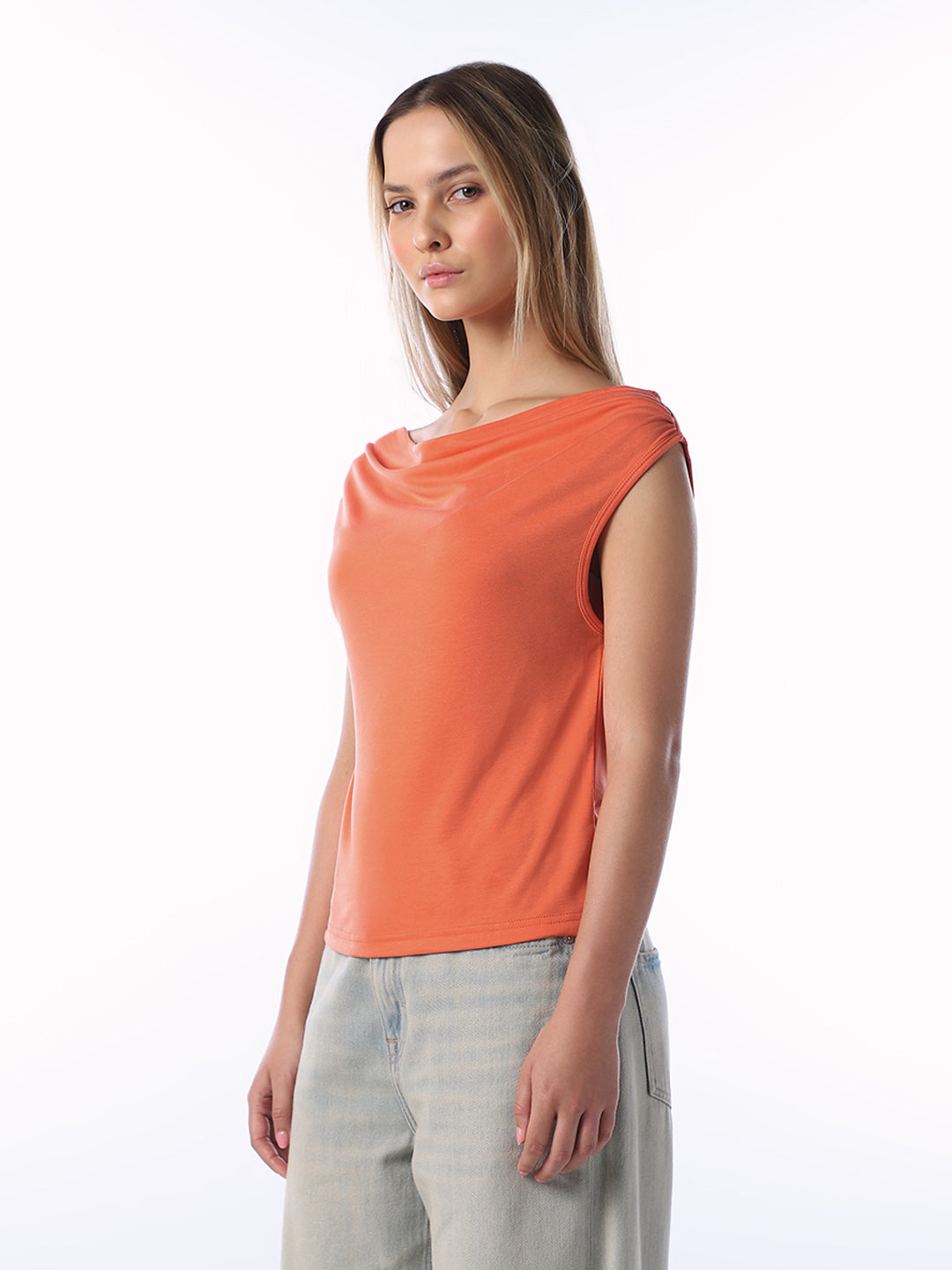 Orange Waterfall Neck Top