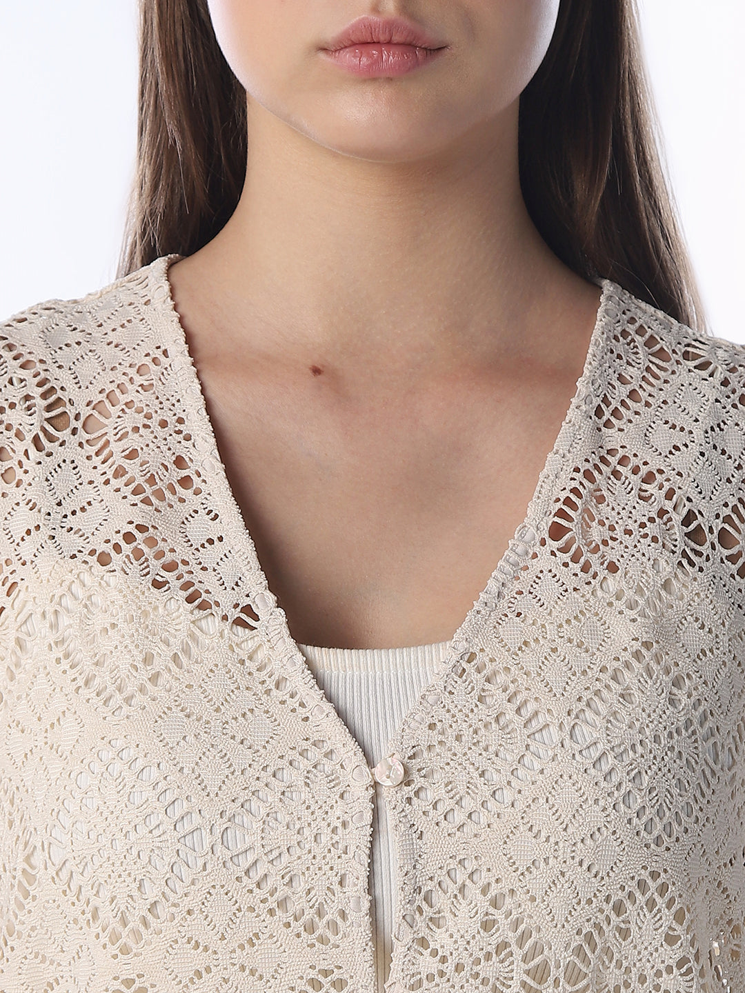 Beige V-Neck Lace Top