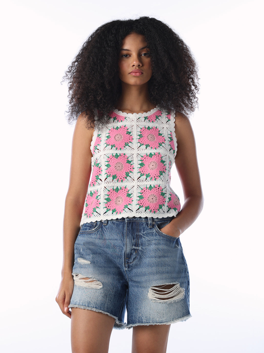 Pink O-Neck Crochet Top