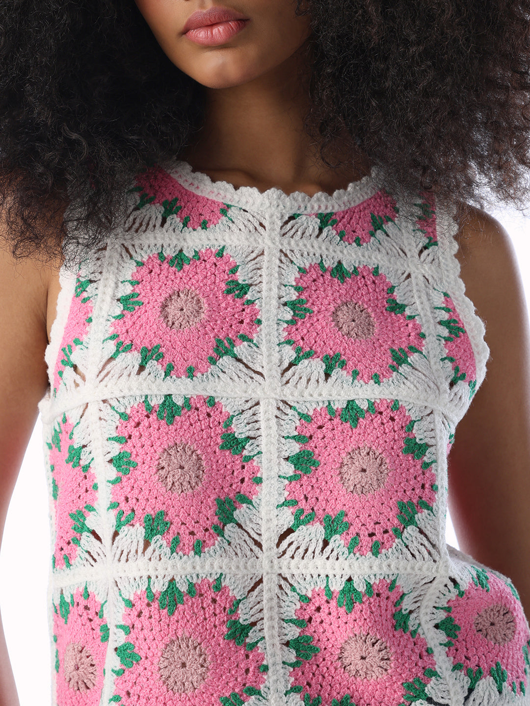 Pink O-Neck Crochet Top