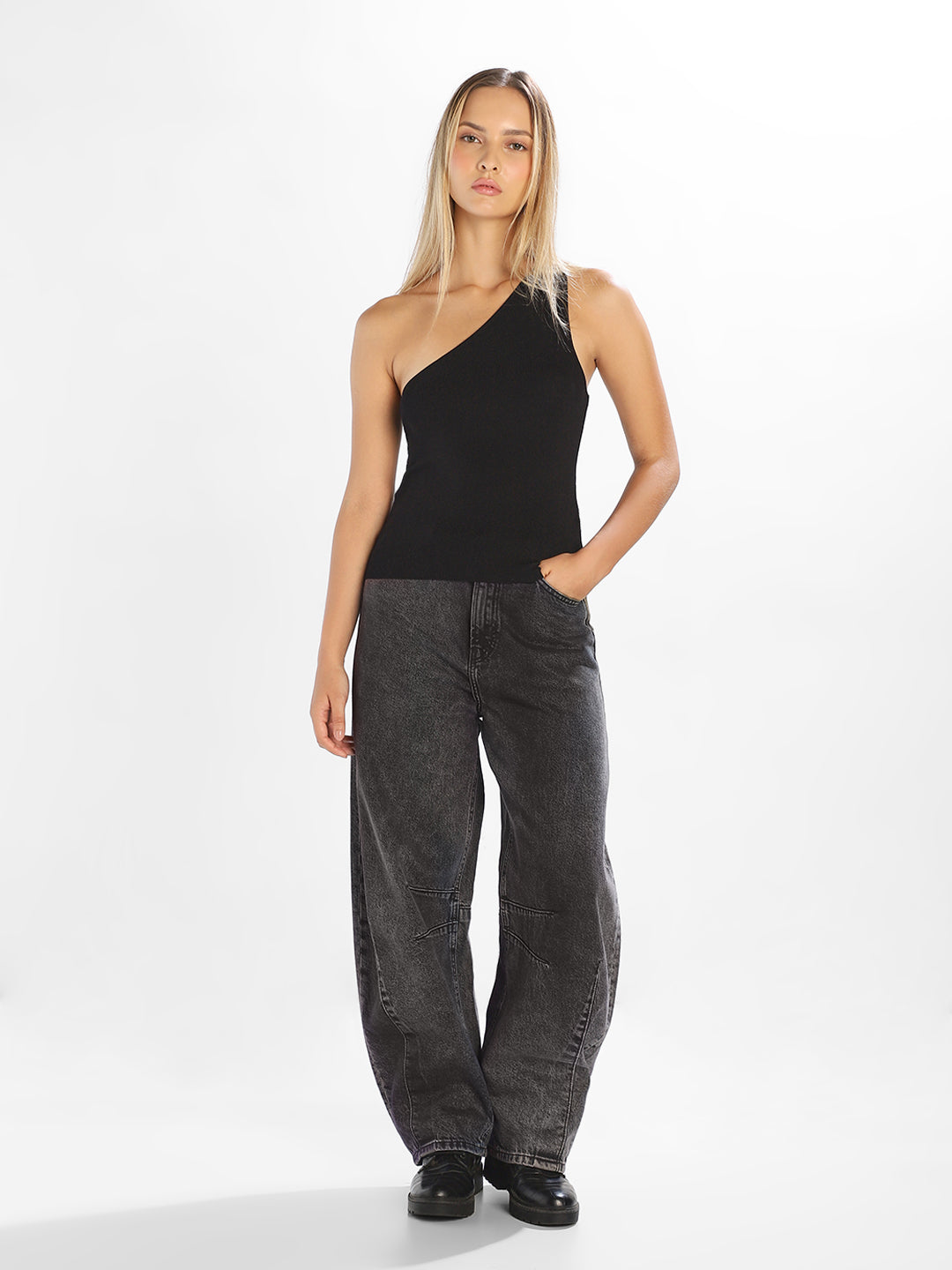 Black One Shoulder Ribbed Top